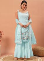 Georgette Sky Blue Party Wear Embroidery Work Readymade Sharara Suit